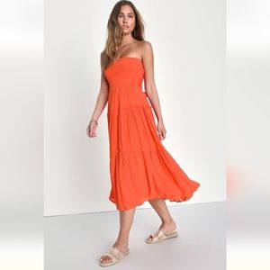 NWT Lulu's Radiant Sweetness Coral Strapless Tiered Tie-Back Midi Dress